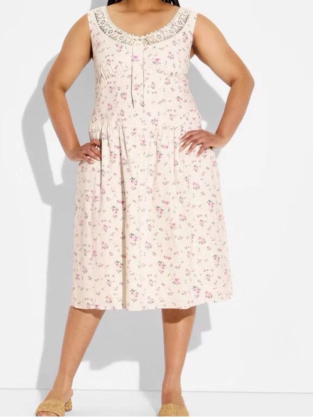 Sleeveless Cream Floral Midi Dress with Lace Trim